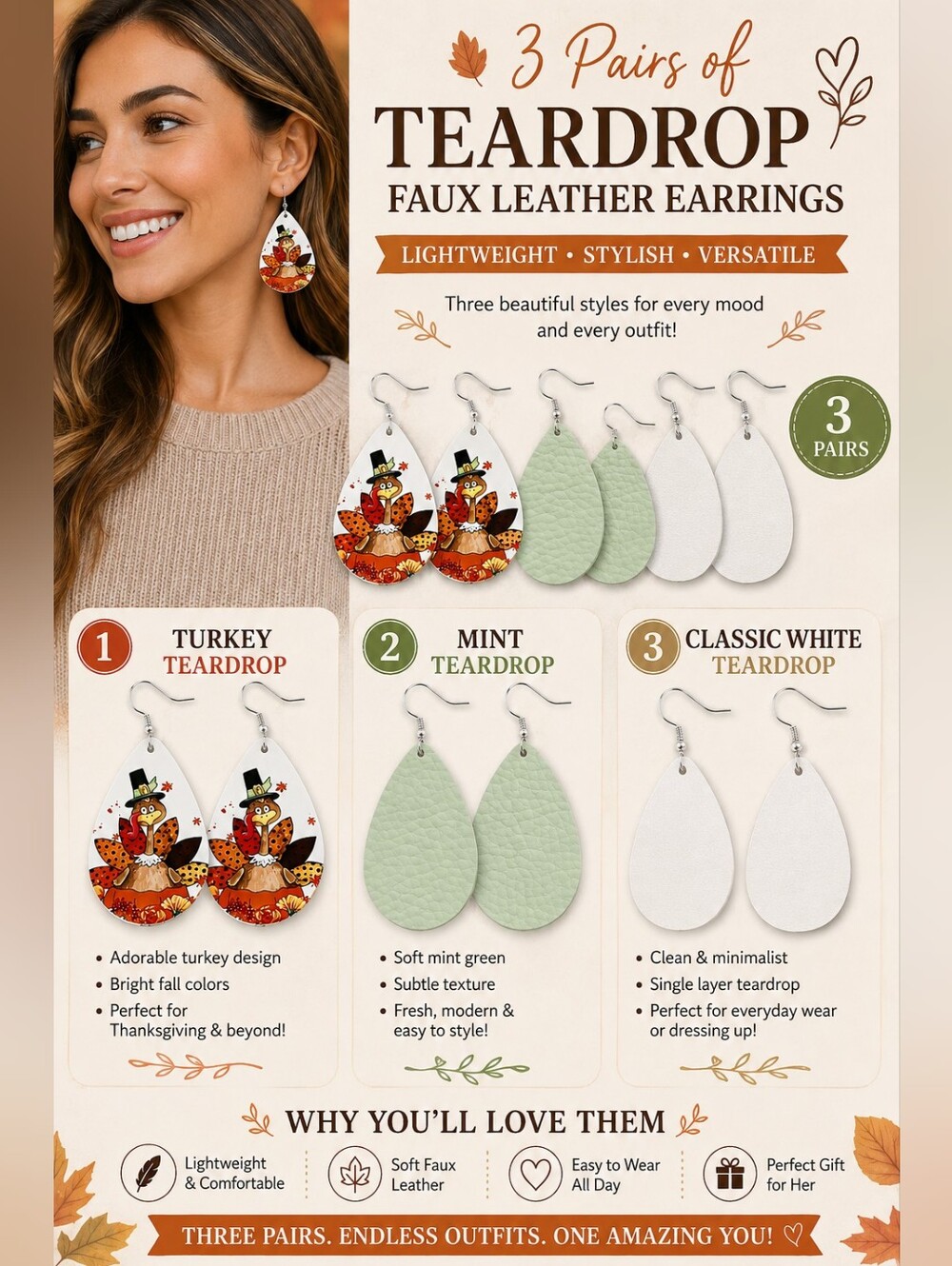 3 Pairs Teardrop Faux Leather Earrings - Mint, White & Turkey Design